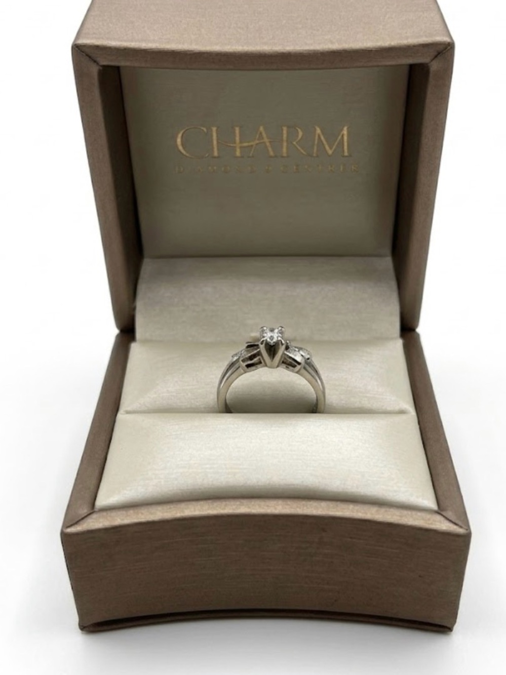 18k White Gold Solitaire Engagement Ring  and band with Side Accents - White